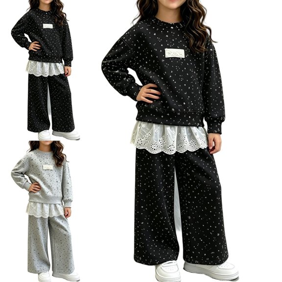 Zefriona Girls Floral Print Crewneck Sweatshirt and Wide Leg Pants 2-Piece Fall Set for Kids 0-13Y Gray Size 12