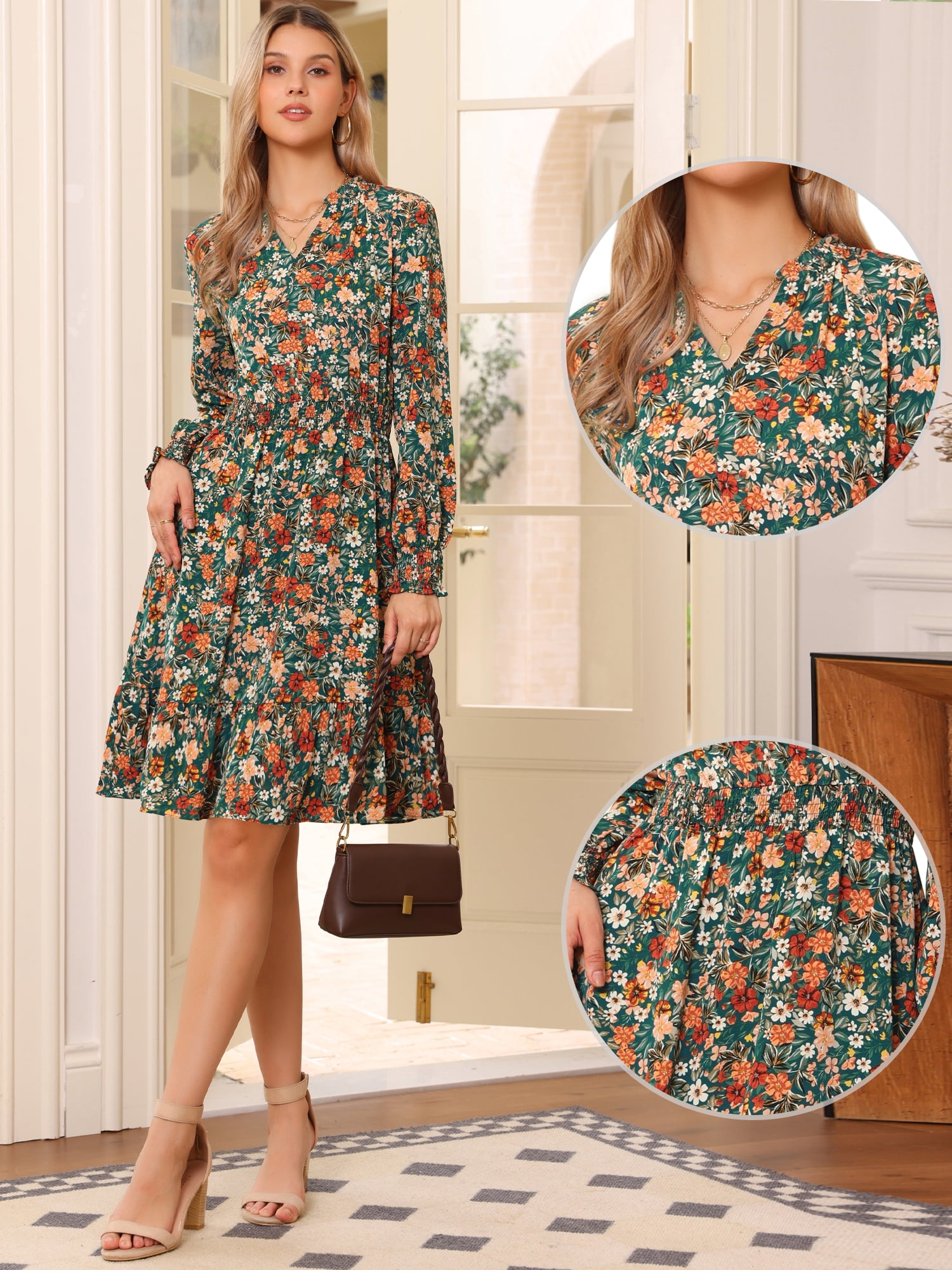 DARING DIVA Floral V Neck Smocked Waist A Line Flowy Dress S Green Orange