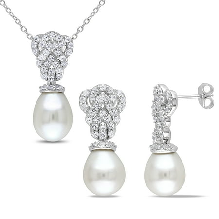Miabella 9-9.5mm White Cultured Freshwater Pearl and 2 Carat T.G.W. Created White Sapphire Sterling Silver Earrings and Pendant Set