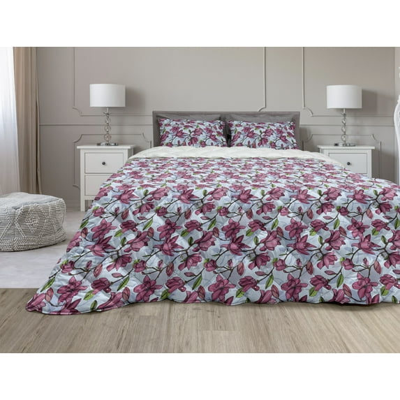 Magnolia Comforter & Sham Bedding Set, Flowering Branches with Thriving Petals and Leaves Coming of the Spring Theme, 3 pcs Duvet Set Microfiber Filling Quilt, 5 Sizes, Multicolor, by Ambesonne