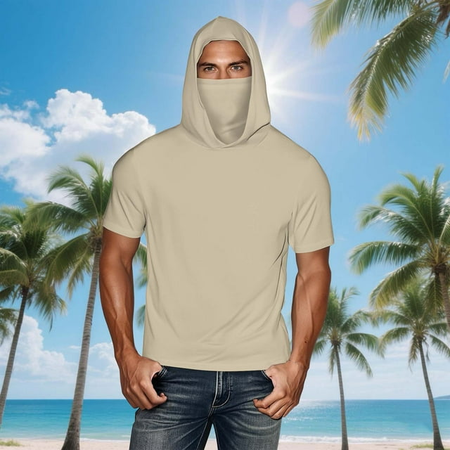 Summer Shirts For Women Ndbuld UNISEX Summer Casual Solid Color Short Sleeve Hooded Ice Silk Sunscreen Cool Sun Protection Lightweight Tops With Face Mask Clearance Under 10,Beige,XXXXL