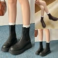 thumbnail image 2 of Platform Slip on Chelsea Boots for Women Classic Winter Fall Leather Chunky Mid Calf Short Booties Black, 2 of 9