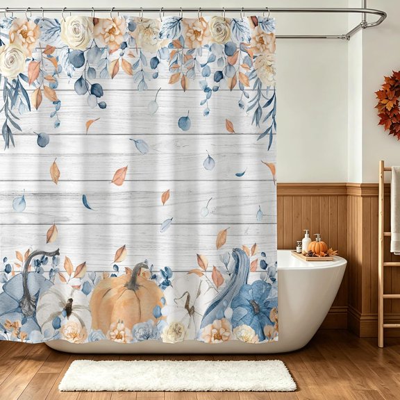 Blue Pumpkin And Fall Leaves Shower Curtain Farmhouse White Wood Bathroom Decor Fabric Waterproof With Hooks 71x71 inches