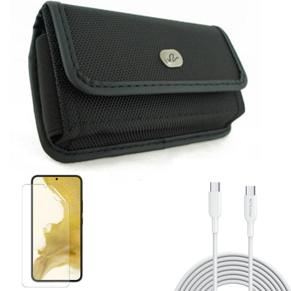 Case Belt Clip & Matte Screen Protector & 6ft Long Type-C Cable for Samsung Galaxy S22 (6.1") - Rugged Holster & TPU Film Anti-Glare & PD Fast Charger Cord Power Accessory Bundle