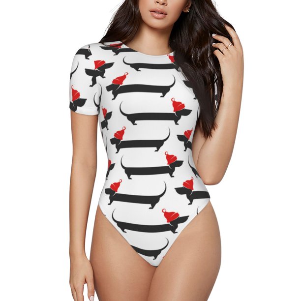 Fotbe Christmas Dachshund Body de Mujer con Cuello Redondo y Mangas Cortas, Sin Mangas Ajustado, Suave, Cómodo y Básico-X-Large