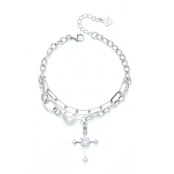Leander S925 Sterling Silver Luxury Cross Pearl Double Layer Women's Bracelet