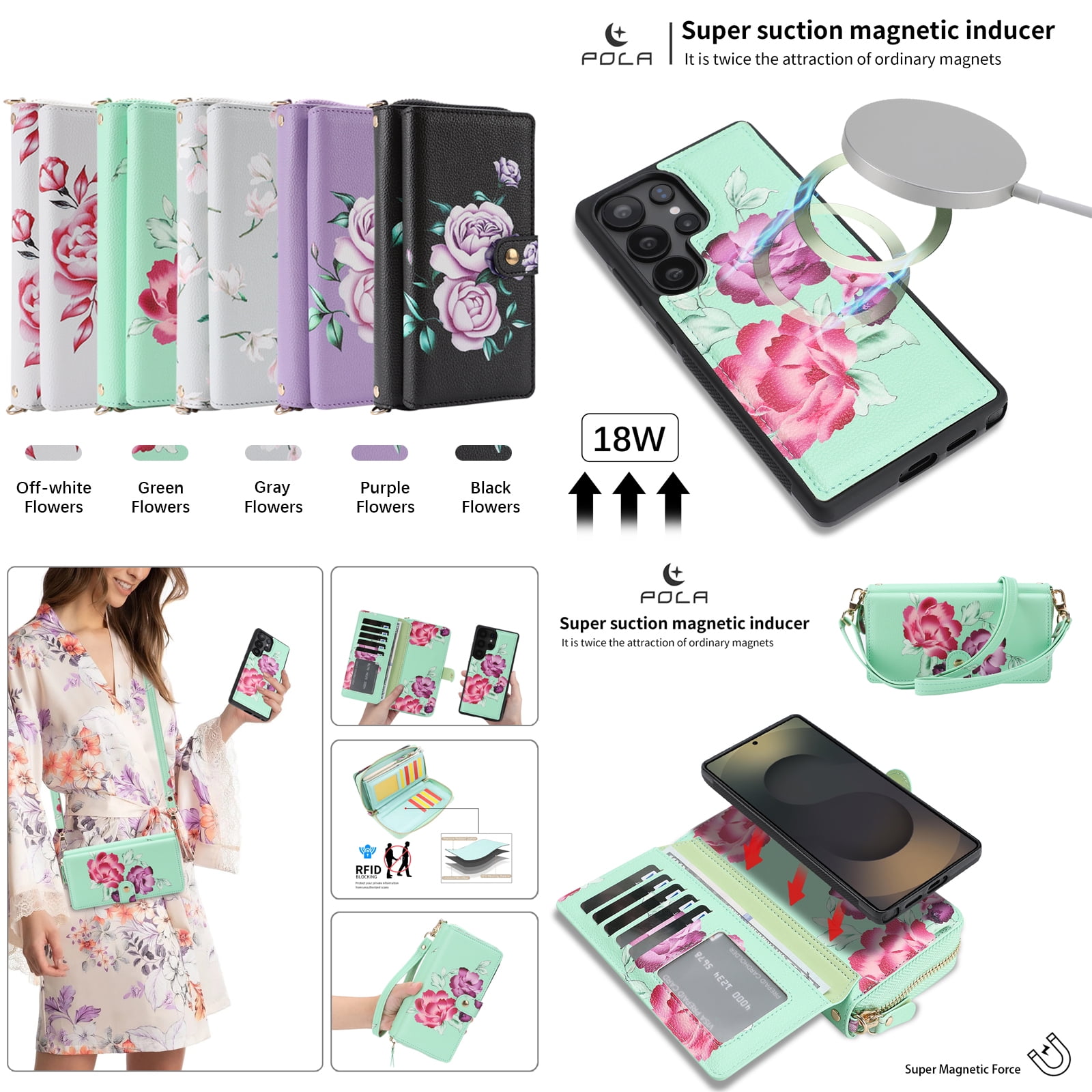TECH CIRCLE 2-in-1 Wallet Case for Galaxy S25 Ultra (6.9", 2025), Detachable Magnetic Back Cover, PU Leather Flip Flower Phone Case with 15 Card Slots, Zipper Pocket, Wrist/Shoulder Strap, Green