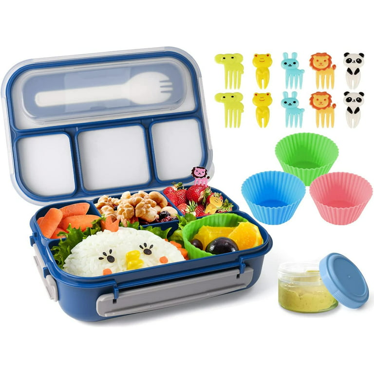 Bento Box for Kids,1300ML-Bento Lunch Box 4 Compartment Bento Lunch  Containers set(with mini-Containers-Fruit Picks-Muffin Silicone  Cup),LeakProof