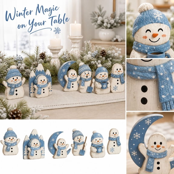 6 Pack Christmas Wooden Snowman Figurines with Vintage Blue Accents, Rustic Farmhouse Table Decorations for Holiday Party, Winter Shelf Decor Christmas Gifts