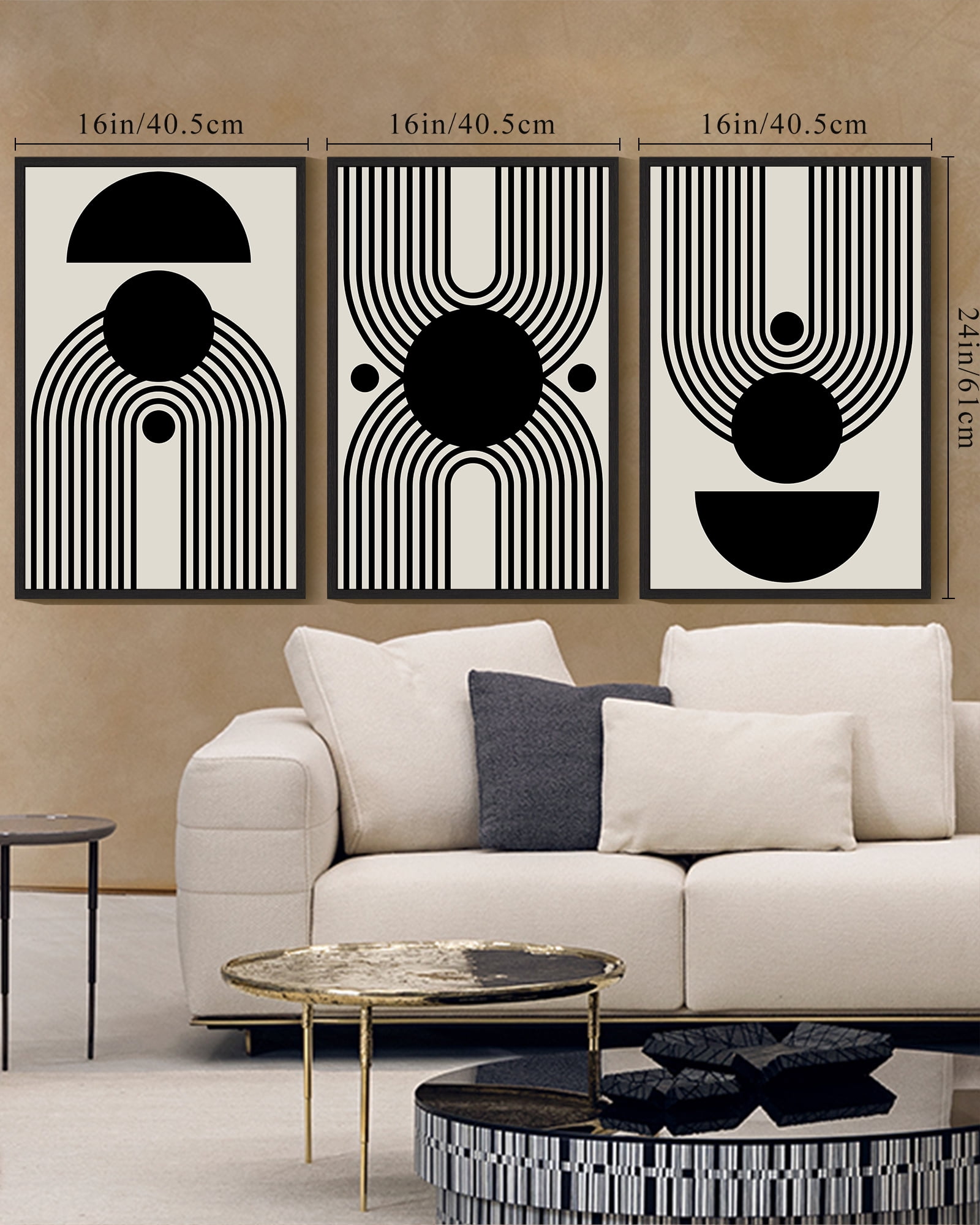 Drsoum Black and White Abstract Wall Art 16x24in3pcs Black Framed Minimal Decor Duotone Dark Brush Stroke Prints Shapes Illustrations Modern Art Ready To Hang