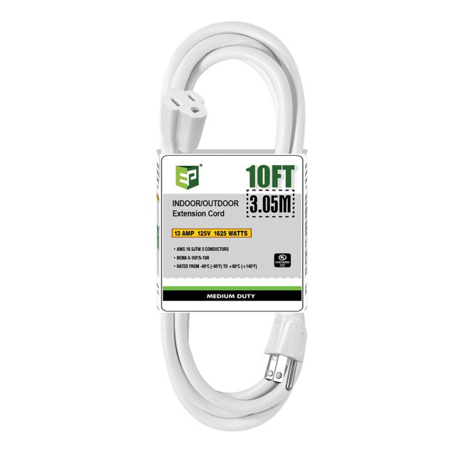 Cable de extensión para exteriores EP, 10 pies, 16/3, SJTW, blanco, certificado UL