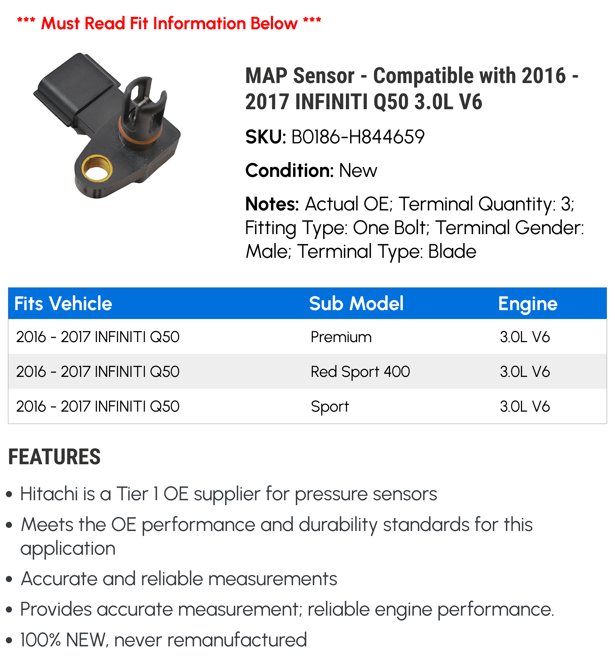 MAP Sensor - Compatible with 2016 - 2017 INFINITI Q50 3.0L V6