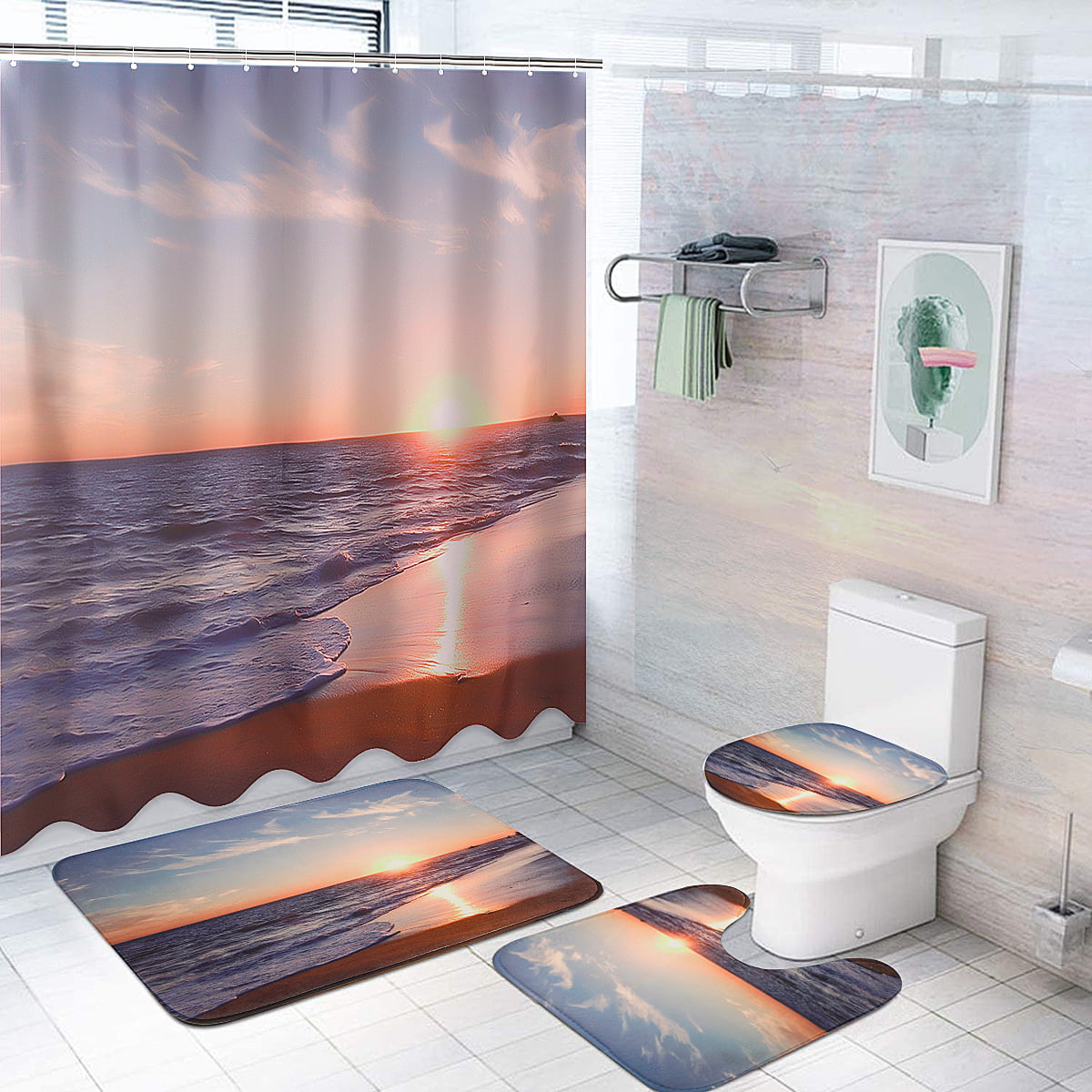 4PCS Bathroom Ocean Shell Shower Curtain+Non-Slip Rug+Toilet Lid Cover+Bath Mat 
