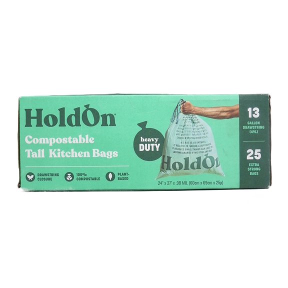 HoldOn Heavy-Duty Compostable Tall Kitchen Drawstring Bags, 13 Gallon, 25 Count