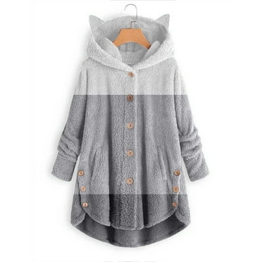 LoyisViDion Women Coats Plus Size Clearance Women Button Plush Tops Hooded Loose Cardigan Solid Color Patchwork Coat Jacket Rollbacks Gray 6(M)