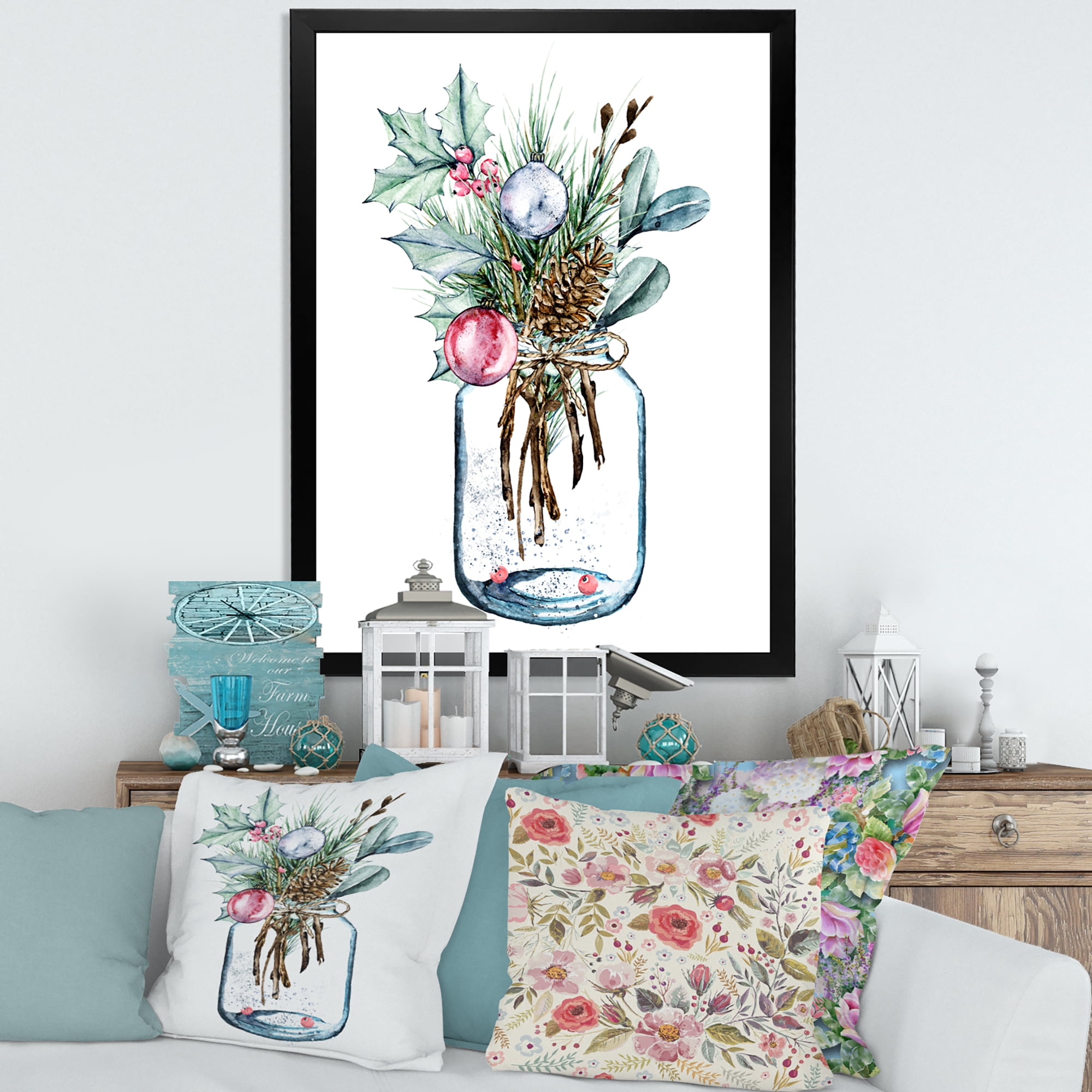 Designart 'Merry Christmas Bouquet In Transparant Jar' Traditional Framed Art Print