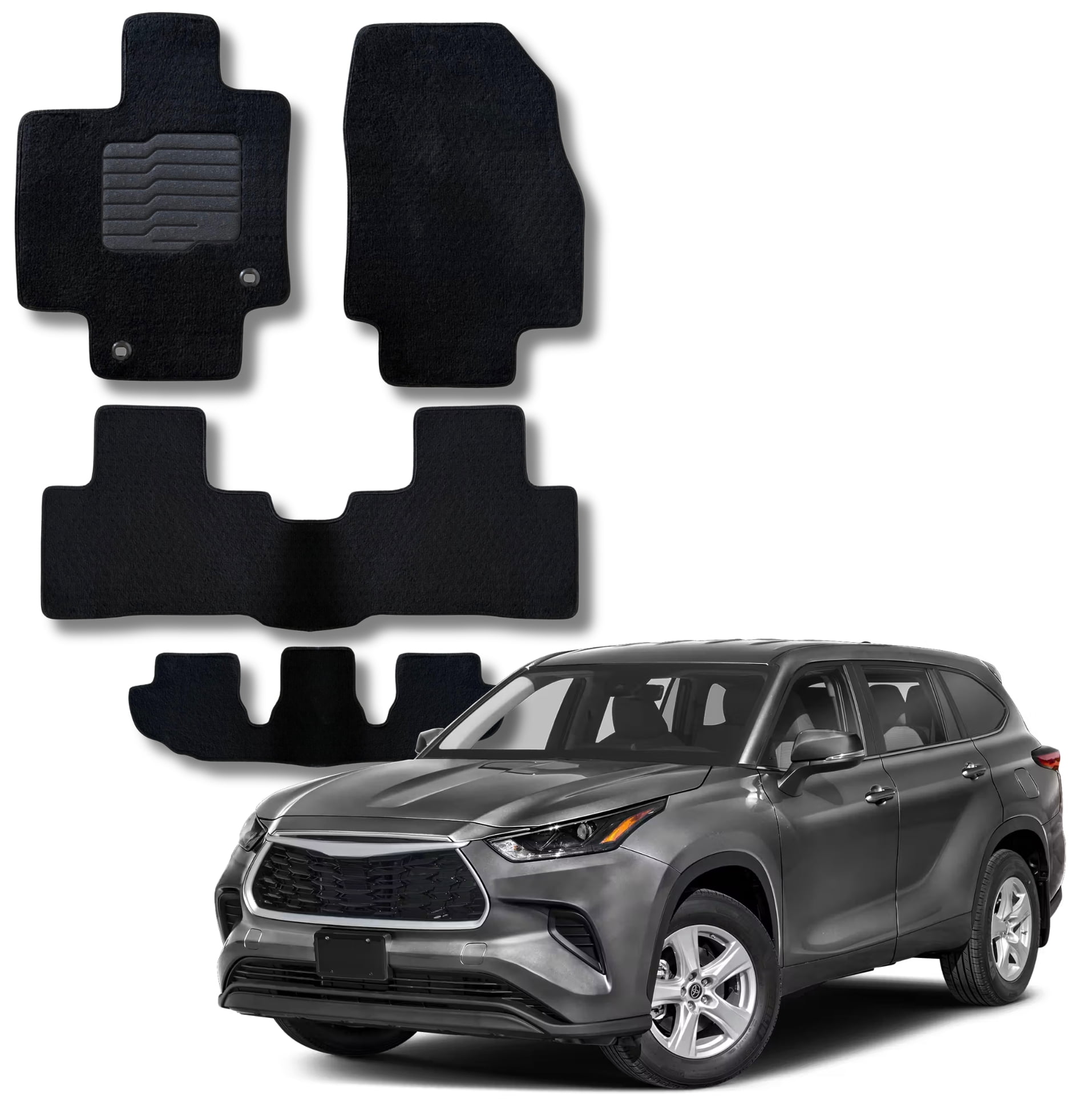 Carpet Floor Mats for 2020 to 2026 Toyota Highlander with Driver Heel Pad and Safety Locks, Full Set (2nd Row Bench or Bucket seats), Black