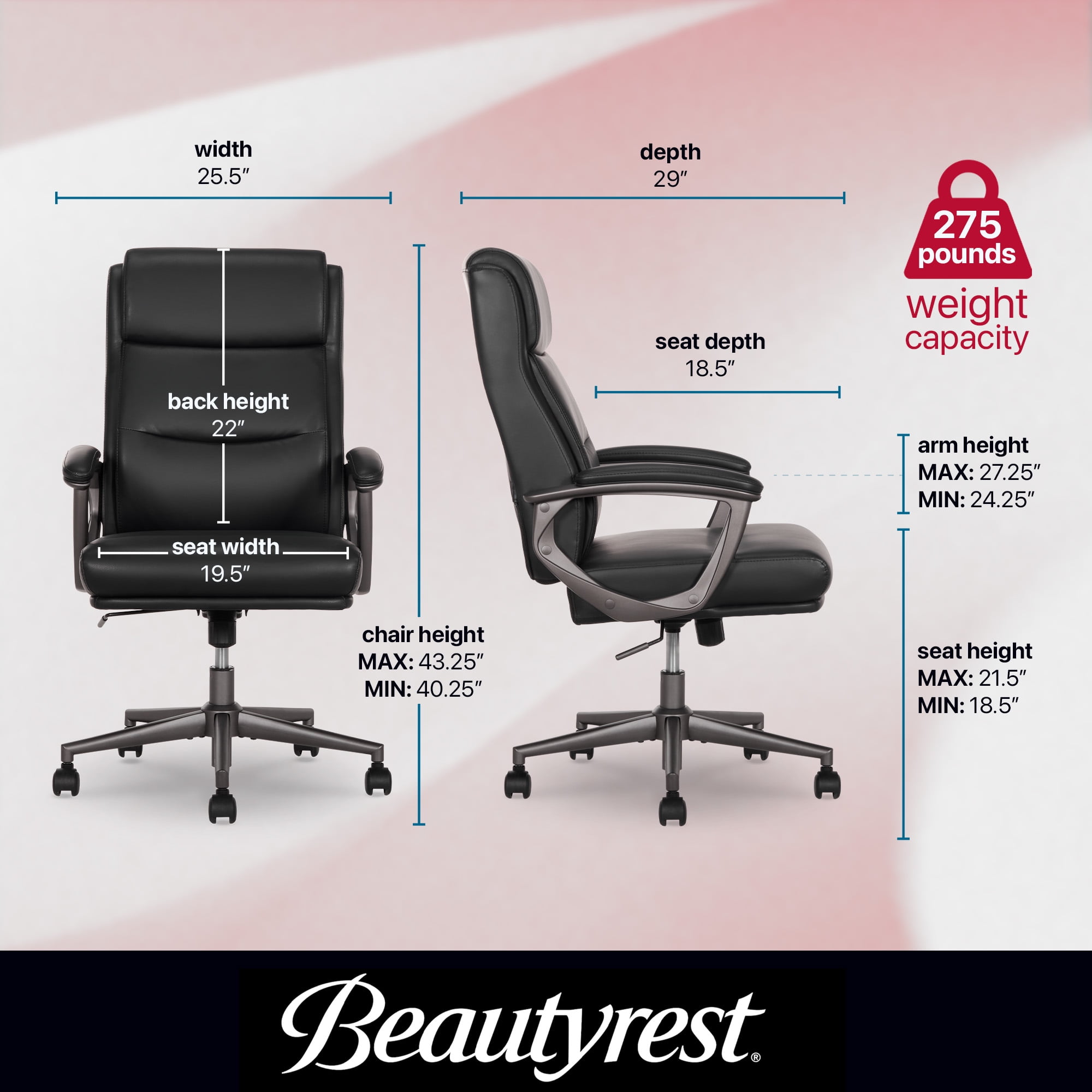 Beautyrest Amara Ergonomic Manager Office Chair with Padded Armrest for Teens Adults, Black