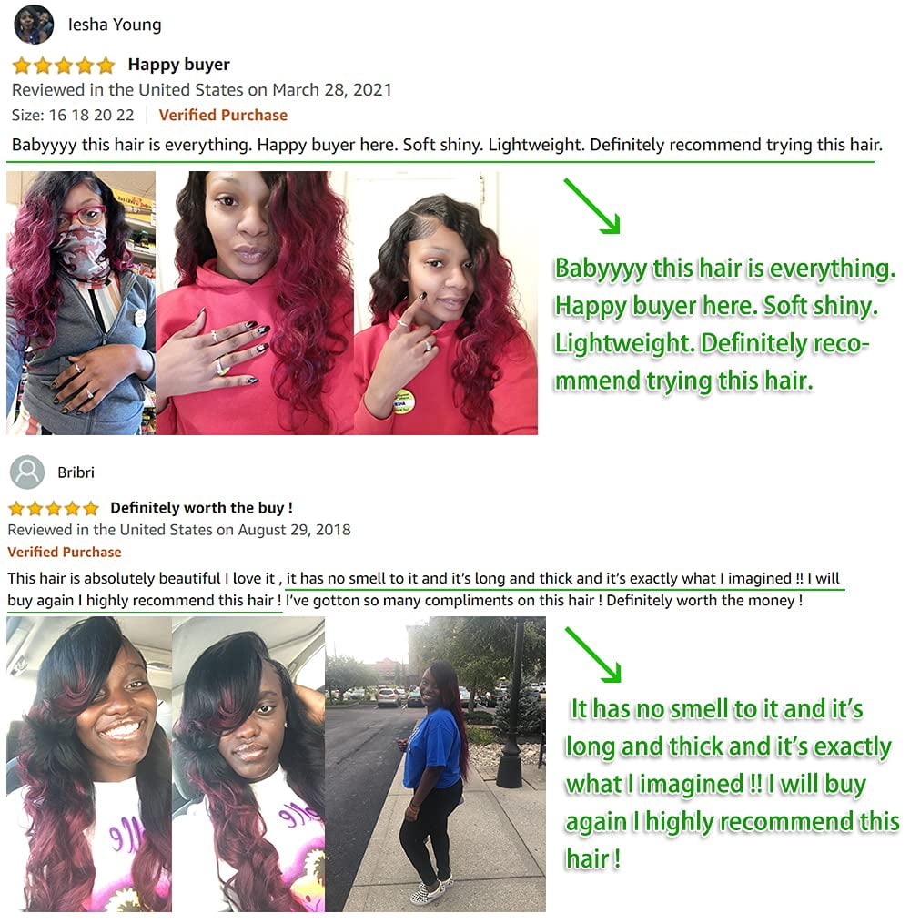 Ombre Brazilian Hair Body Wave (T1B/99J,22" 24" 26") Ombre Human Hair 3 Bundles Ombre Brazilian Human Hair 100% Unprocessed Virgin Remy Hair Bundles 2 Tone Black to Burgundy Human Hair Weave