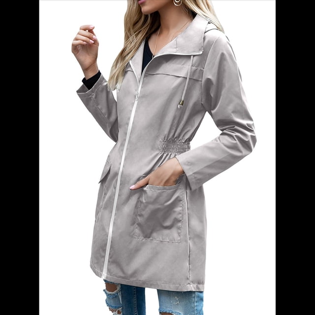 Chaqueta Impermeable Ligera para Mujer, con Capucha, Mangas Largas y Cremallera, para Actividades Al Aire Libre Gris S