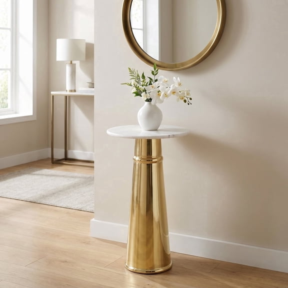 Gold Side Table with White Marble Top | Decorative Modern End Table | Pedestal Metal Base | Accent Table for Living Room | 14x14x24"