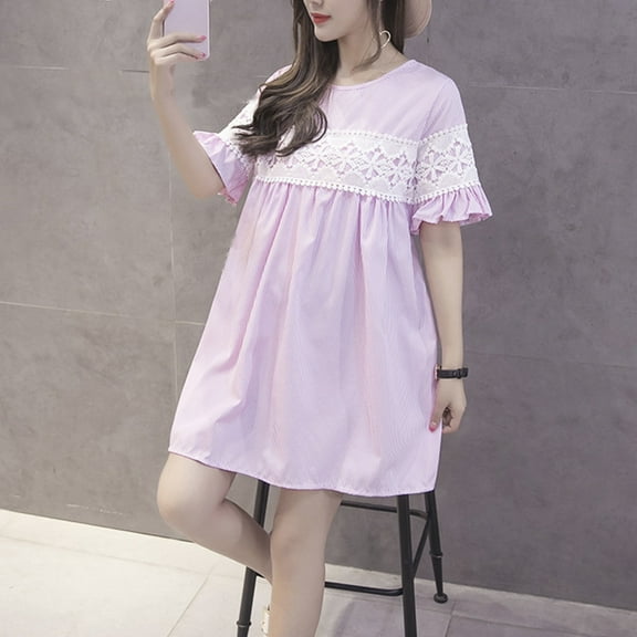 Maternity Dress Pregnant Women's Mid Length Top Summer Lace Round Neck Flare Sleeve Clothes Summer Loose Pregnant Maternity Clothes Pink M