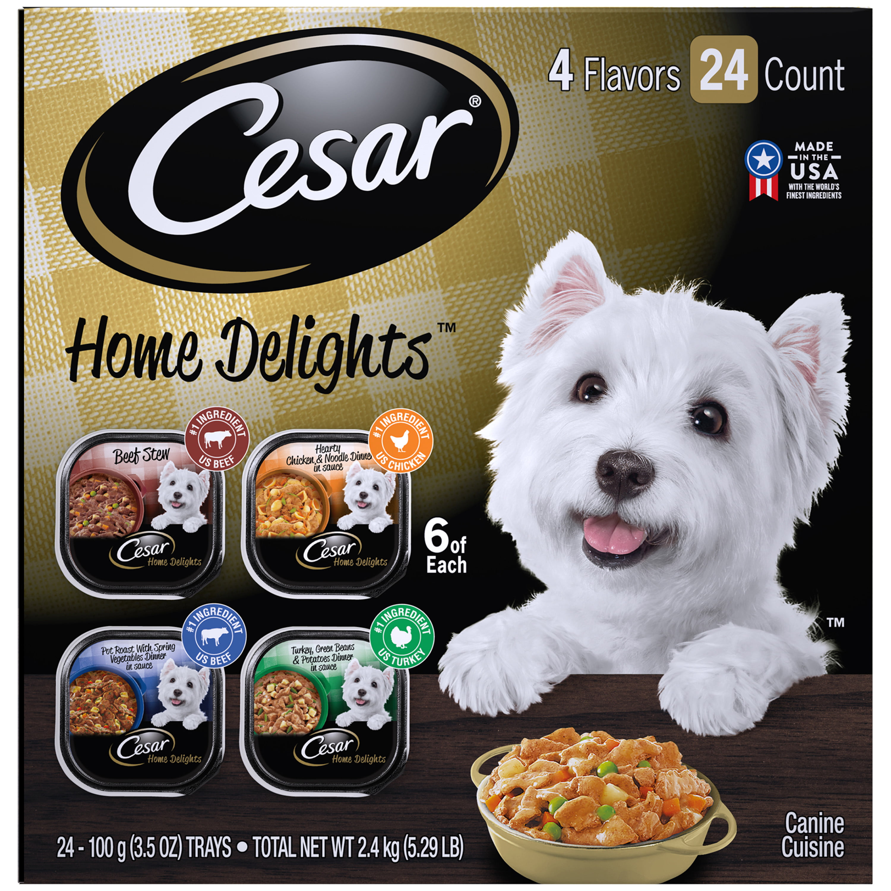 24 Pack Cesar Home Delights Wet Dog Food Pot Roast Vegetable Beef Stew Turkey Potato Green Bean And Hearth Chicken Noodle Variety Pack 3 5 Oz Easy Peel Trays