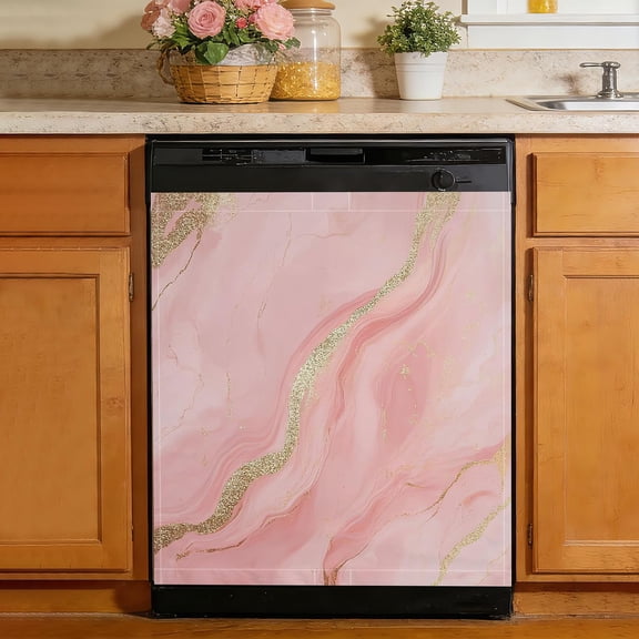 Pink Marble Magnetic Dishwasher Cover for Refrigerator, Reusable Appliance Magnetic Front Panel, Kitchen Decor, 23 x 26 in