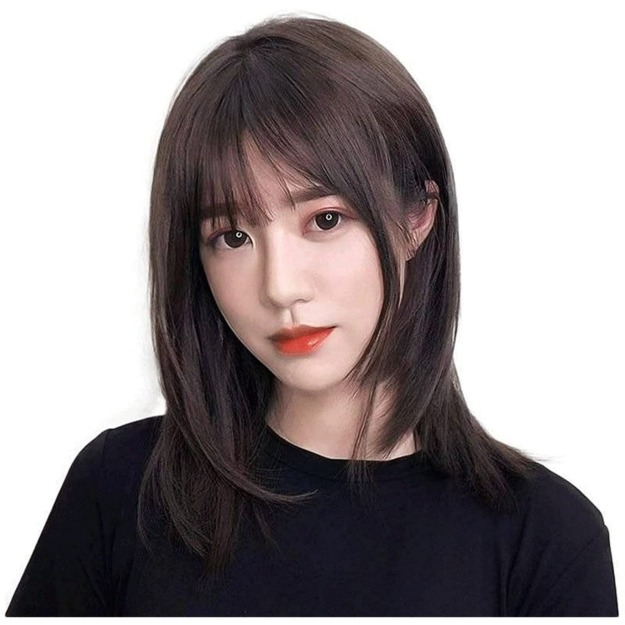 HISRFOCSP Human Hair Wigs Women's Wig Medium Long Straight Hair Full Hair  Heat Resistant Wig Daily Wear Wig Modified Round Face Wig for Party,  Cosplay, Dating, Work, Travel, Casual Freetress Wigs |