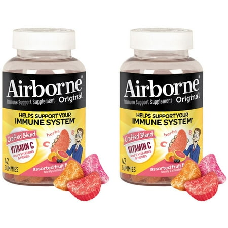 (2 Pack) Airborne Gummies Vitamin C Supplement, Assorted Fruit, 1000mg - 42