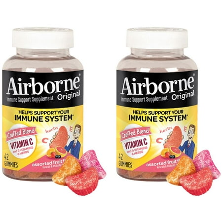 (2 Pack) Airborne Gummies Vitamin C Supplement, Assorted Fruit, 1000mg - 42 (Best Fruit For Vitamin C)