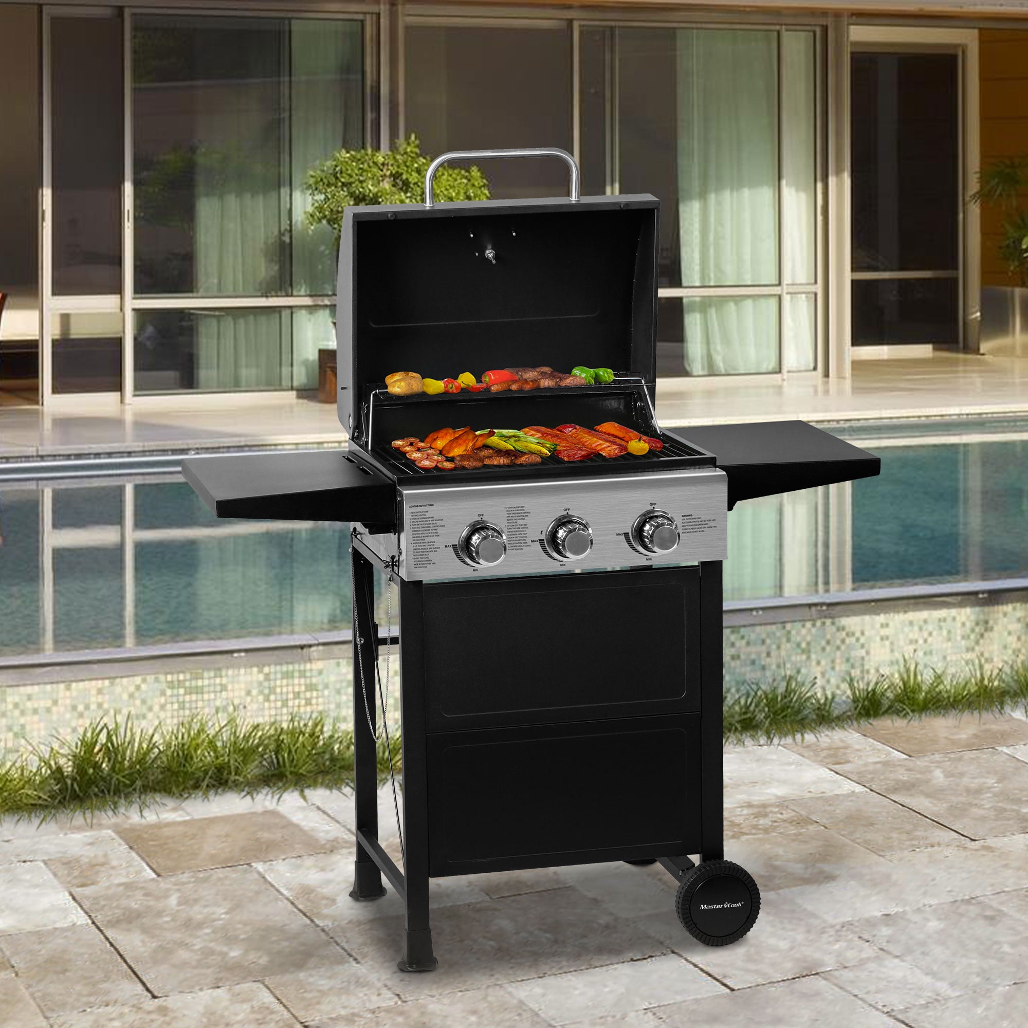 MASTER COOK Propane Gas Grill 3 Burners Stainless Steel Grill with Foldable Shelves Black
