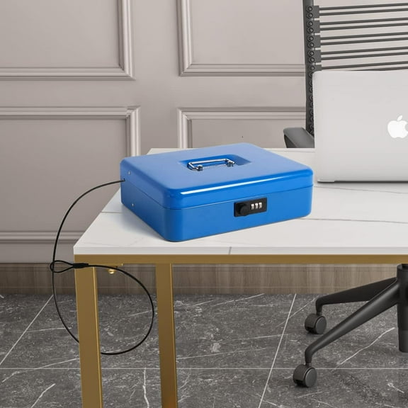 Cash Box with Combination Lock,  Metal Cash Box with Money Tray, Lock Box Safe Storage Security Locker with Security Cable, Blue