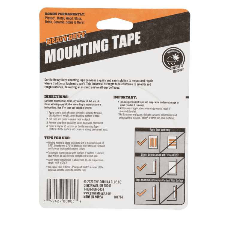 Gorilla Glue Heavy Duty Mounting Tape Double Sided Weatherproof Clear Mount  NEW