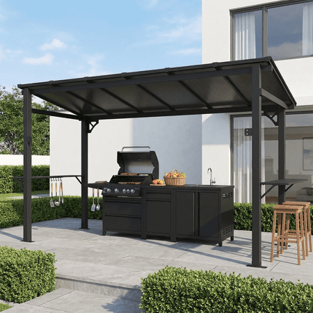 Clouddwell 12'x5.5' Permanent Metal Gazebo,Outdoor BBQ Canopy with Polycarbonate Panel & Sloping Steel Roof, Grill Shelter with 2 Side Shelves and Hooks for Patio, Backyard, Deck