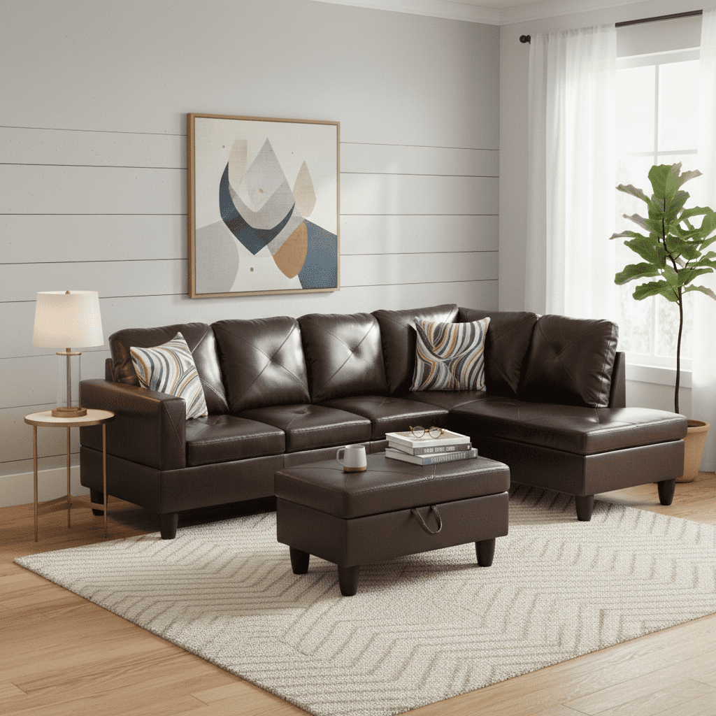 Prilinex L Shaped Couch Sectional Couches with Chaise and Storage Ottoman, 3 Pieces Modular Sofa for Living Room Furniture Sets and Small Apartment, Brown