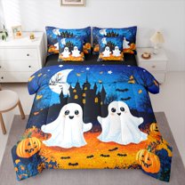 jejeloiu Spooky Halloween 7-Piece Bedding Comforter Set,Kawaii Ghost Pumpkin Lantern King Bedding Sets,Spooku Castle Bed Sheets For Gir Kids Boy,Luxury Bedroom Decor Reversible