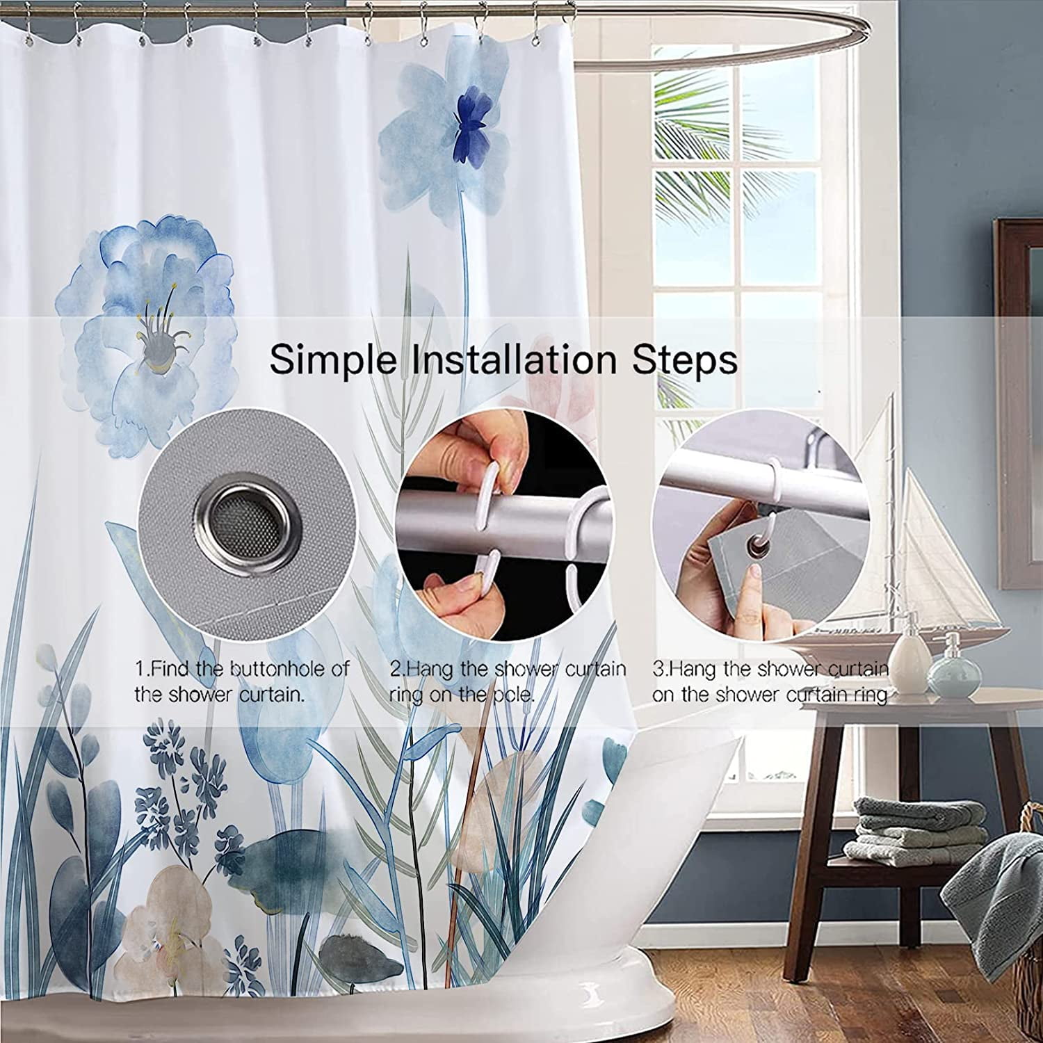 Blue Floral Shower Curtain Sets,White Blush Flowers Bathroom Shower Curtains,Spring Wildflower Plant Bath Curtains with 12 Hooks 72x72in,Waterproof Fabric