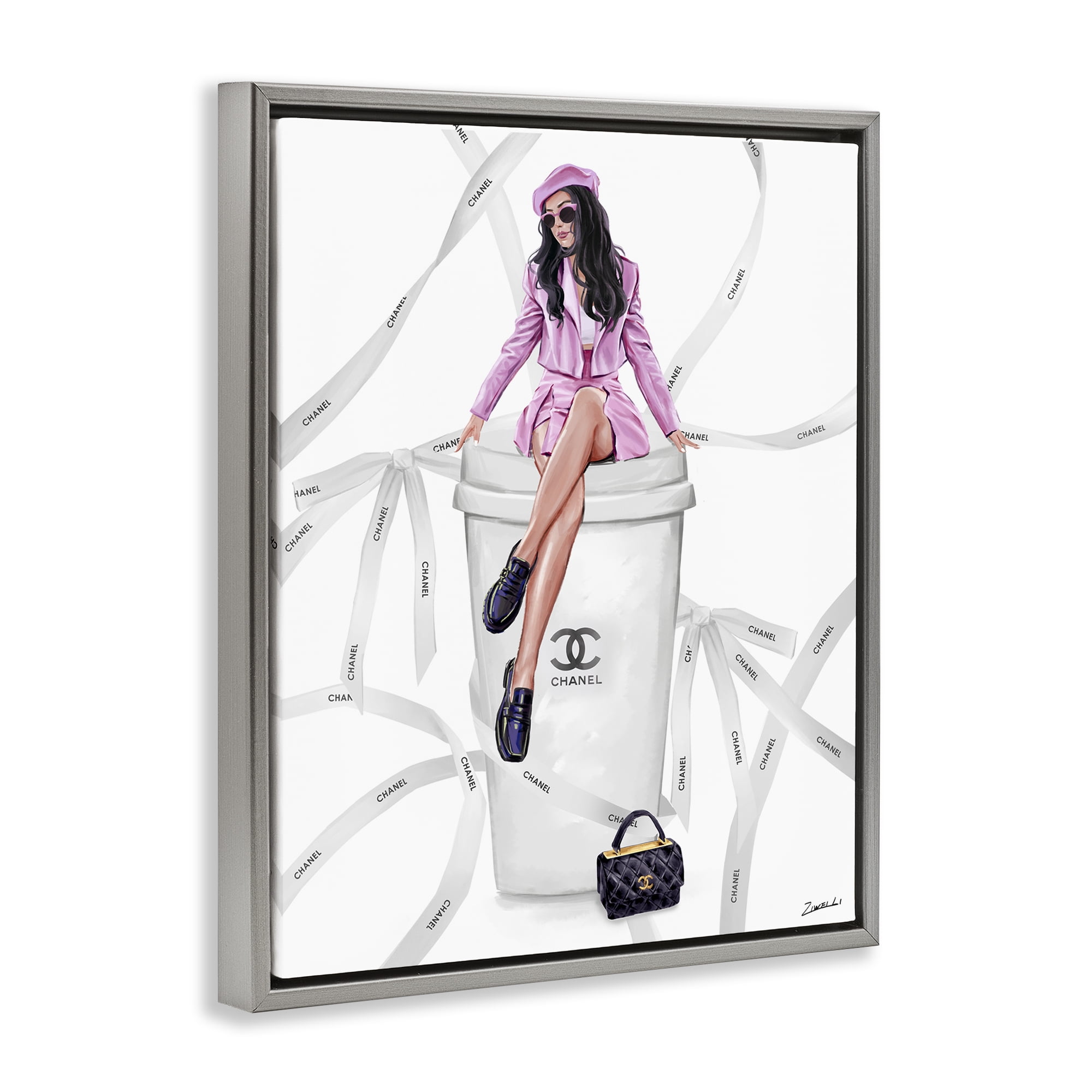 Stupell Industries Elegant Woman on Coffee Cup People Painting Gray Floater Framed Canvas Art Print Wall Art, 25 x 31