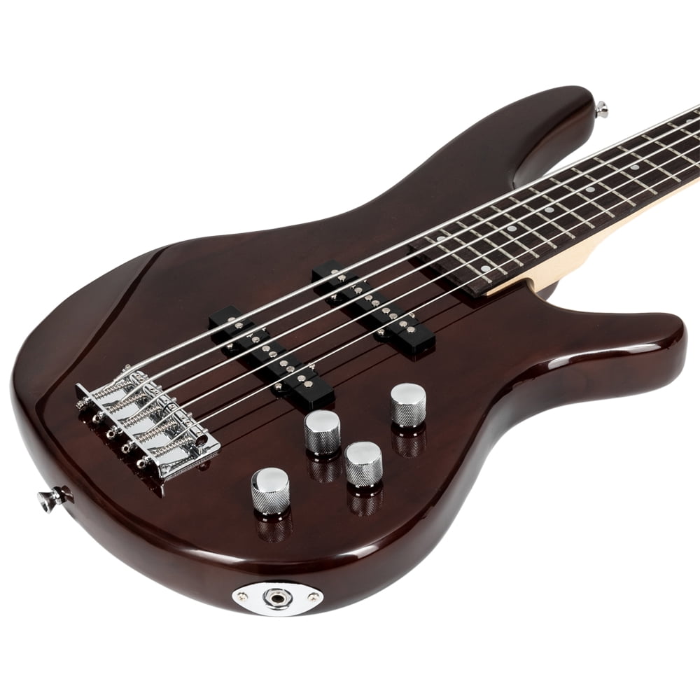 GIB Electric 5 String Bass Guitar Full Size Adjustable Bridge With Bag Strap Pick For Beginners Pros Earth Brown