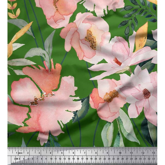 Soimoi Green Poly Georgette Fabric Leaves & Magnolia Floral Print Sewing Fabric Yard 42 Inch Wide