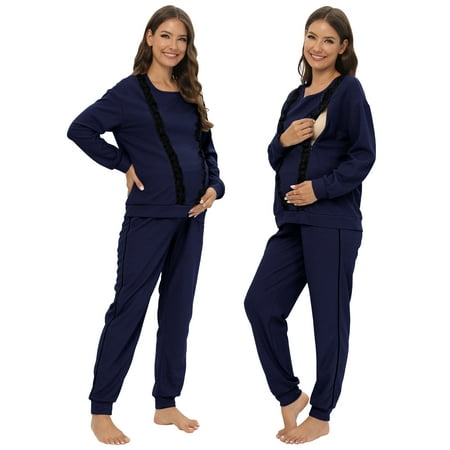 

Sunsent Women Maternity Nursing Pajama Sets Long Sleeve Top & Pants with Pockets Breastfeeding Sleepwear Double Layer Pregnancy