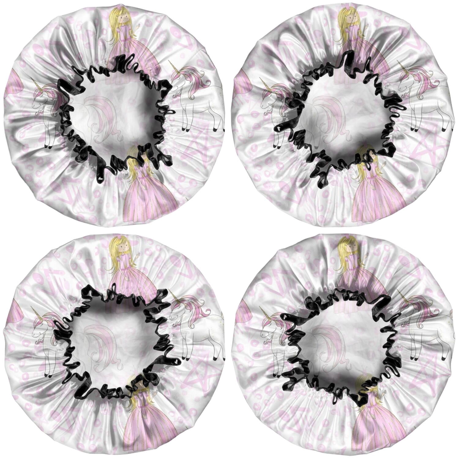 Shower Caps,Princess Unicorn Pattern Waterproof Shower Cap for Women 4 Pieces,Double Reusable Hair Cover for Shower PEVA Elastic Stretch Hem