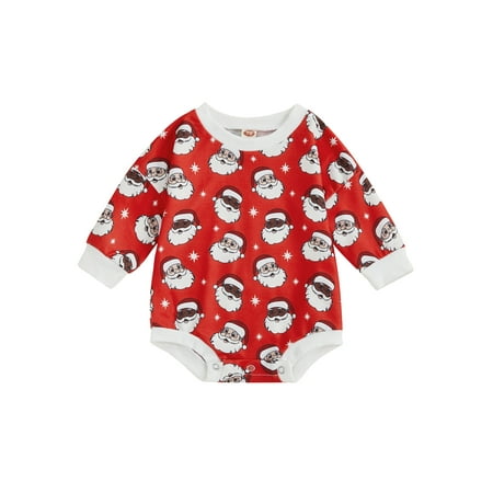 

One opening Baby Girls Boys Romper Santa Claus Print Round Neck Long Sleeve Bodysuit