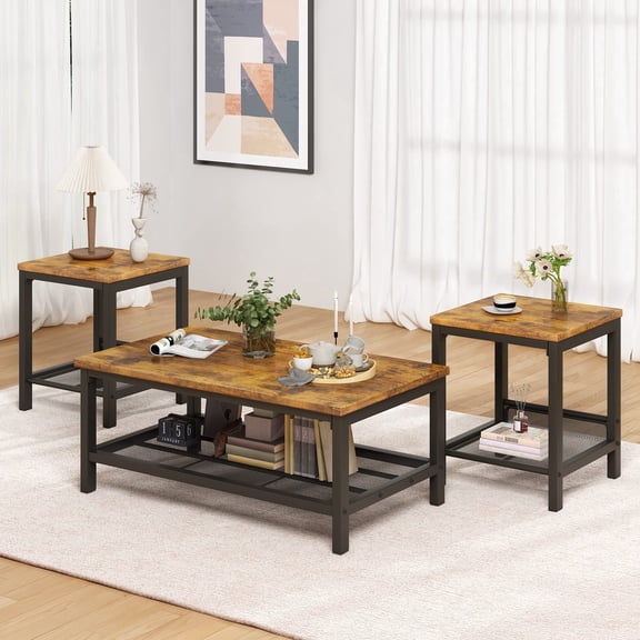 MOOSENG Coffee Table Set of 3, Industrial Vintage Wood Coffee Table with 2 Square End Side Tables, Easy Assembly Living Room Table Set for Offices, Living Rooms and Apartments, Brown