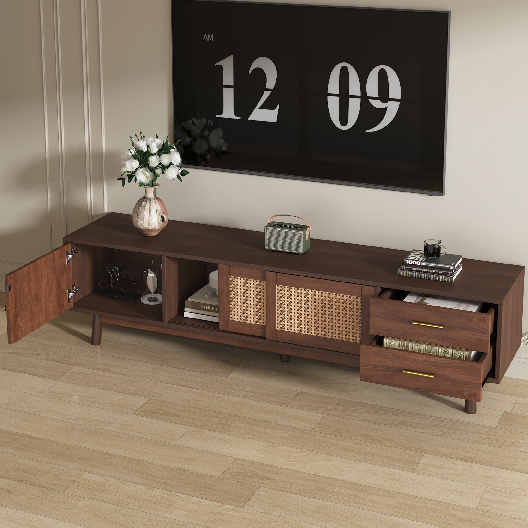 Noble House Mid Century TV Stand for TVs up to 80", Storage Cabinets and Drawers, Dark Brown