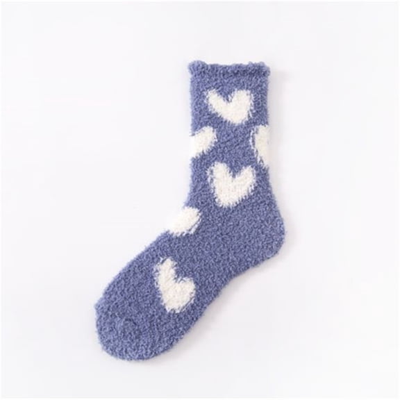 Women's Heart Print Coral Fleece Socks, Double Sided Plush Sleep Socks, Non-Slip Grip Ankle Socks, Cozy Home Wear, Soft Winter Bed Socks, Heart Pattern Design - Blue