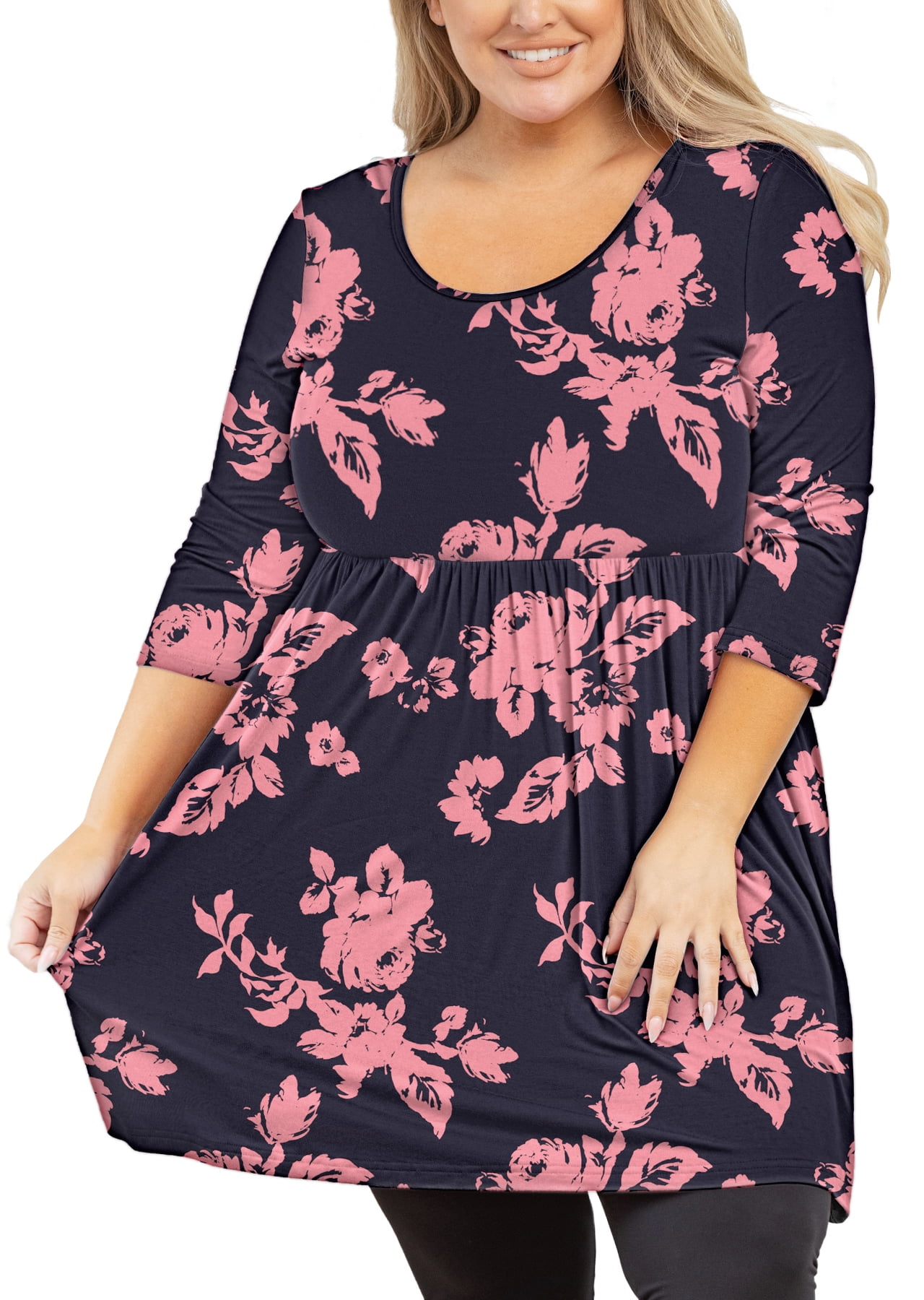 uddybe Uganda bestøve Women's Plus Size Round neck Tunic Blouse 3/4 Sleeve Floral Loose T-shirt  0X-5X - Walmart.com
