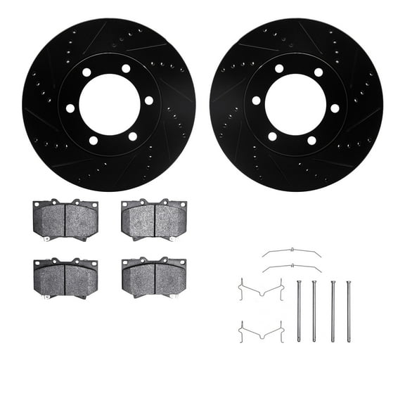 Dynamic Friction Company Front Brake Rotors-Drilled and Slotted-Black with Ultimate Duty Performance Brake Pads includes Hardware 8412-76013