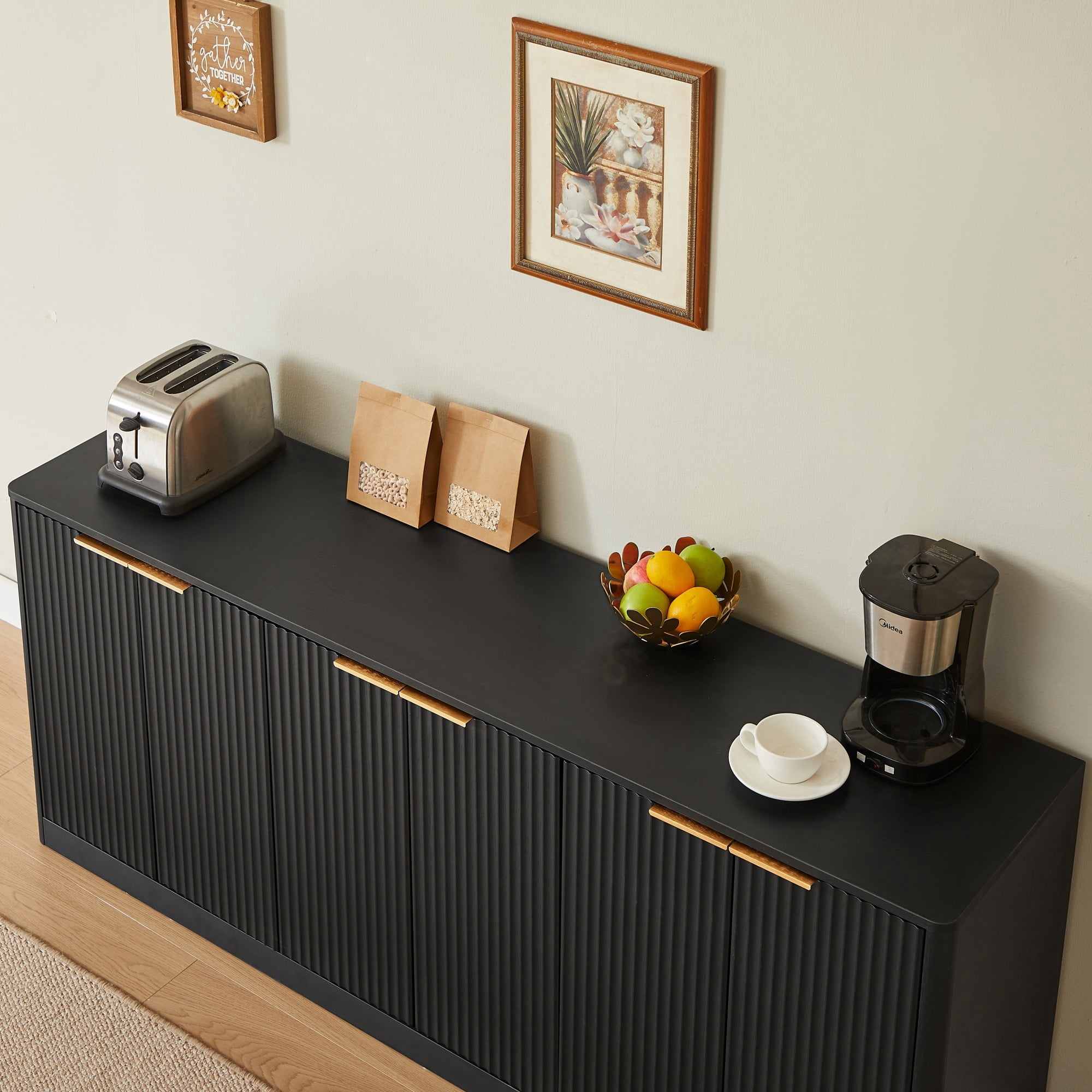 67" Modern Wavy Sideboard Cabinet, 6-Door Curved Storage Cabinet, Large TV Stand Buffet Console for Living Room Kitchen, Black
